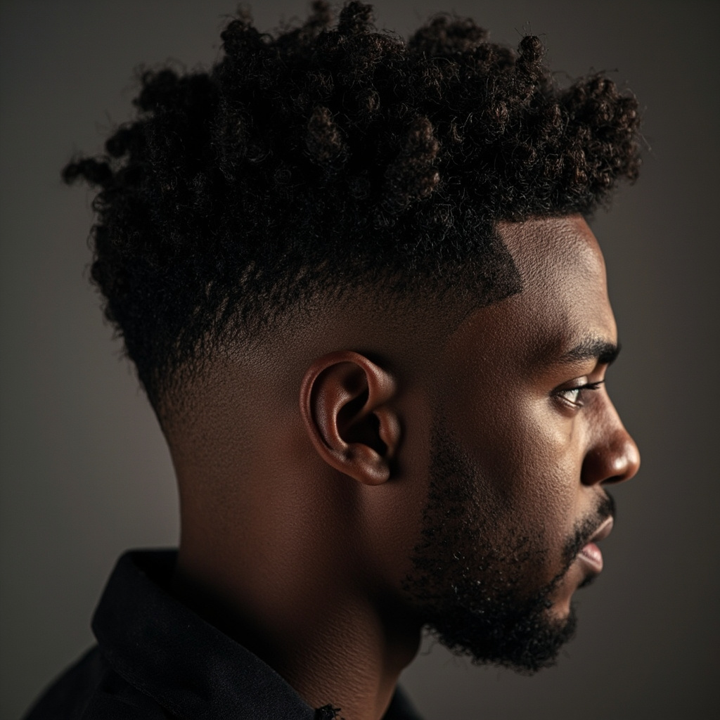 Curly hair with taper fade for oblong face - natural curls longer on top with clean taper fade