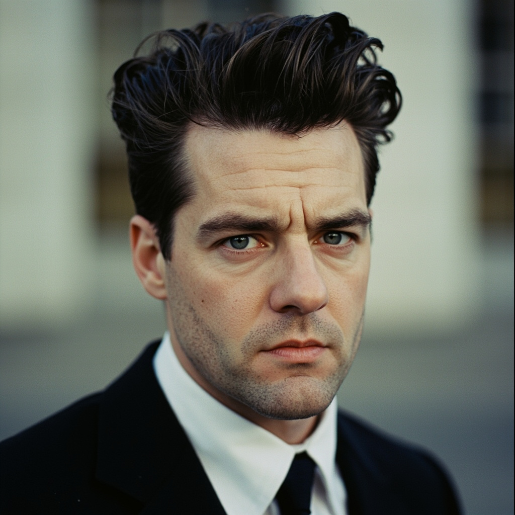 Disconnected pompadour haircut for oblong face - clear break between long top and faded sides