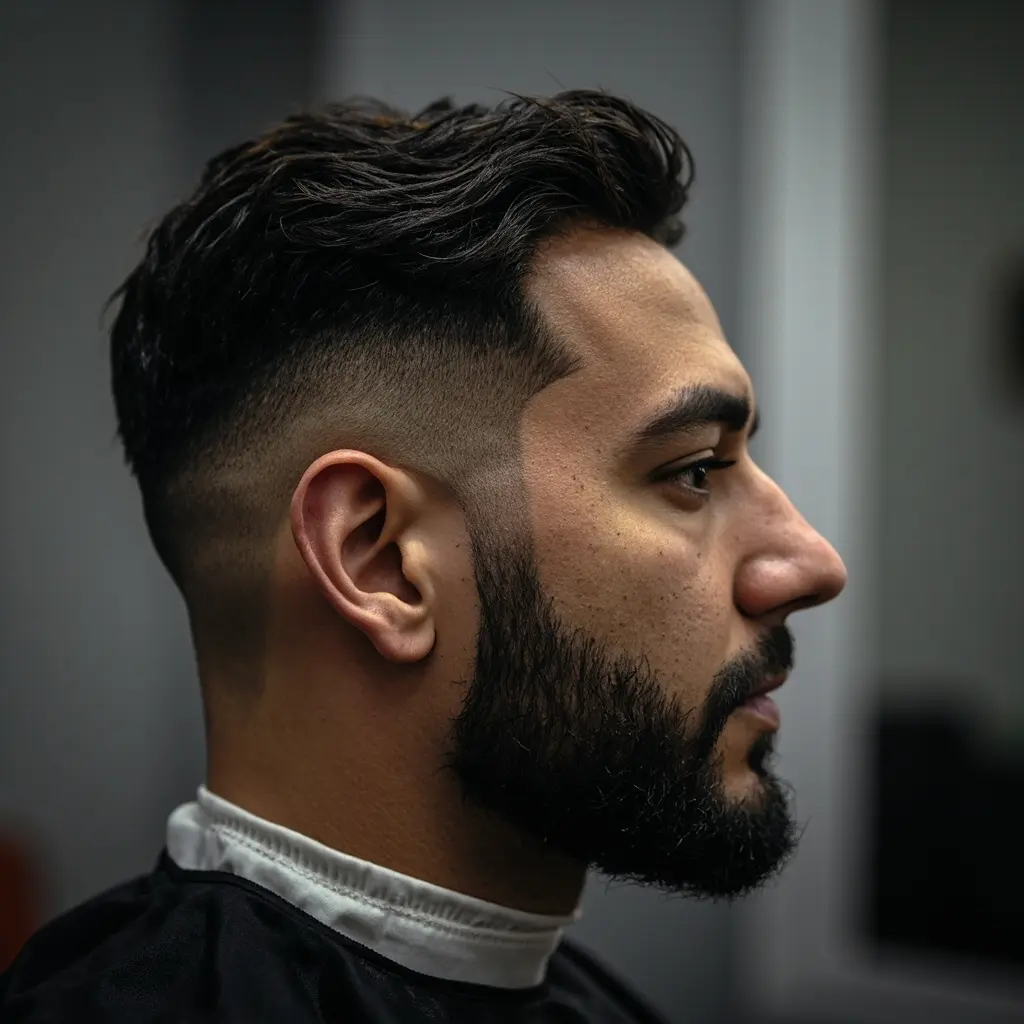Side view showing taper fade line and textured hair on top