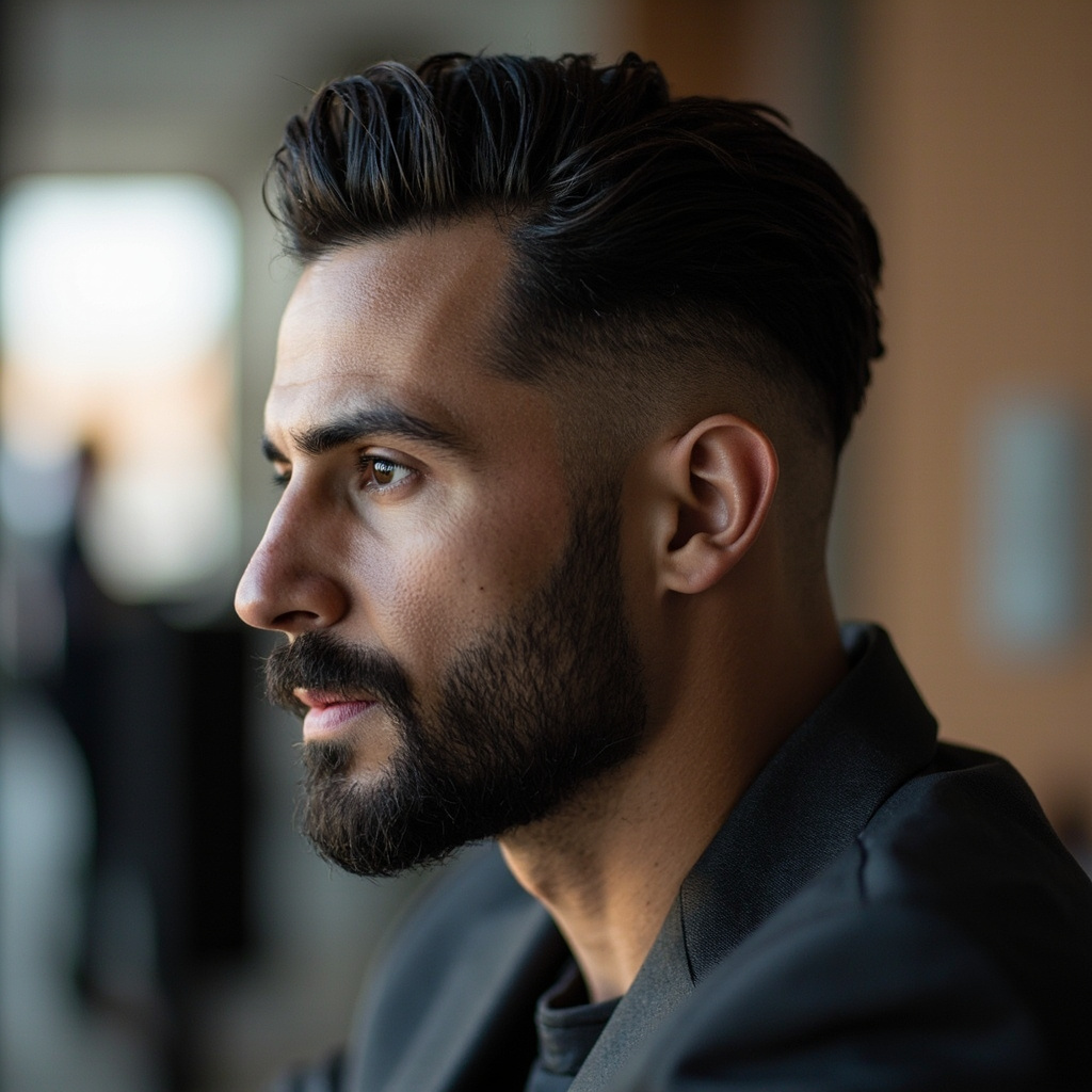 Slicked back hair with low undercut for oblong face - longer top combed back with tight clipped sides