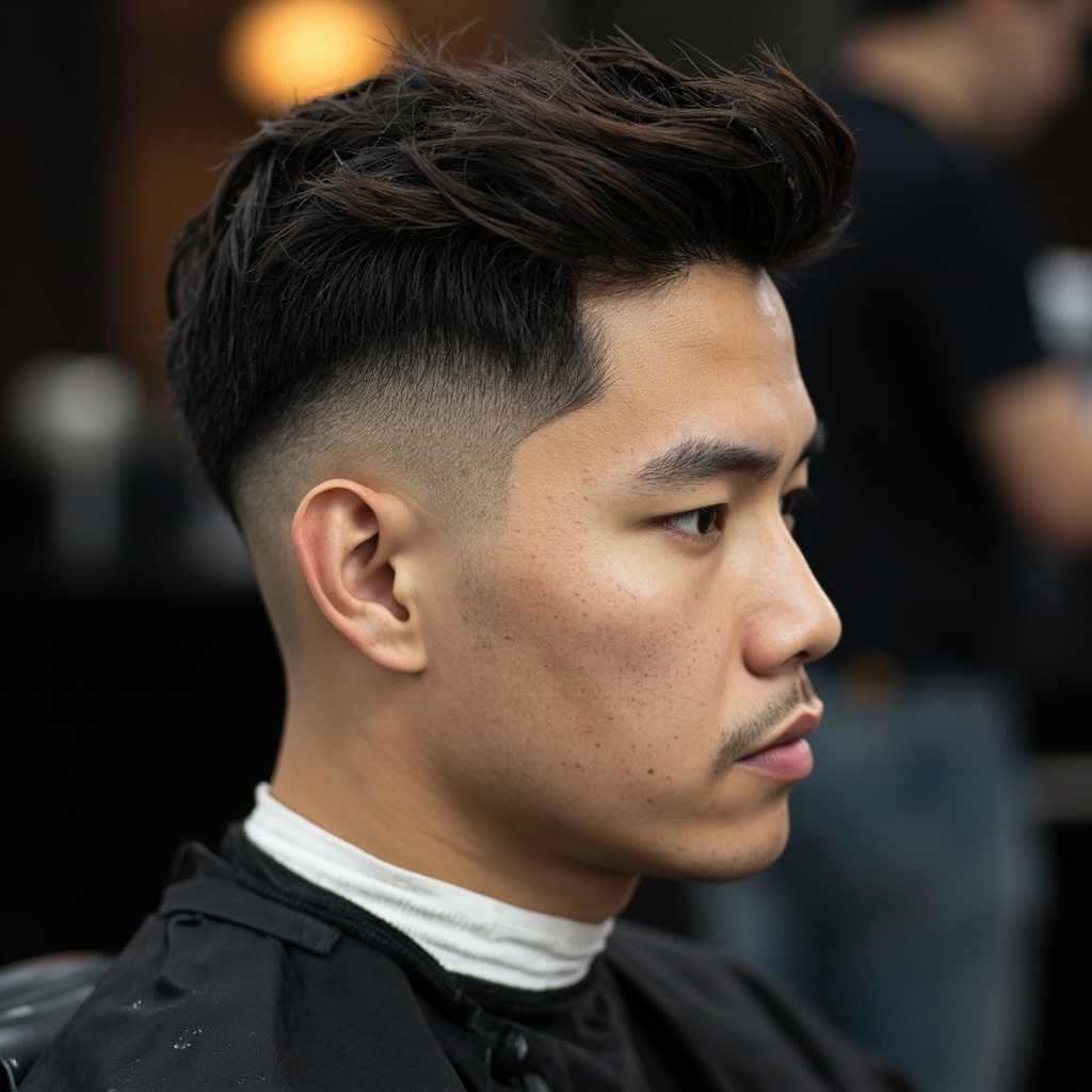 Textured crop with low fade haircut for oblong face shape - choppy layers on top and clean fade