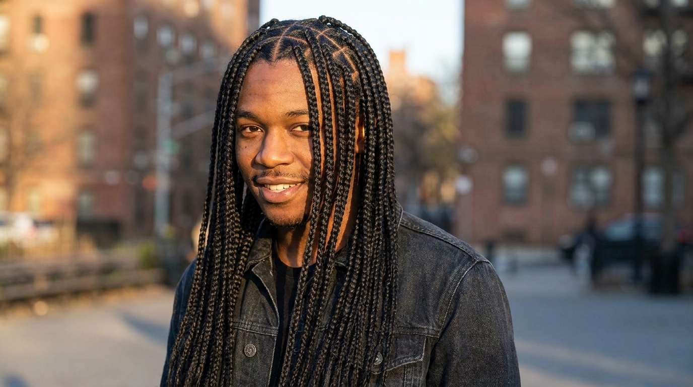 Box braids on Black man in his 20s showing distinct sectioned braided style