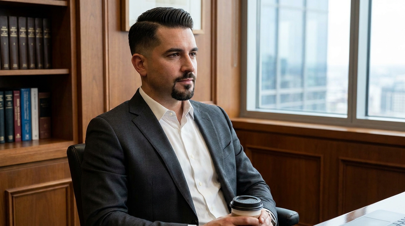 Comb over with fade and goatee on distinguished man in his 30s showing sharp professional edge