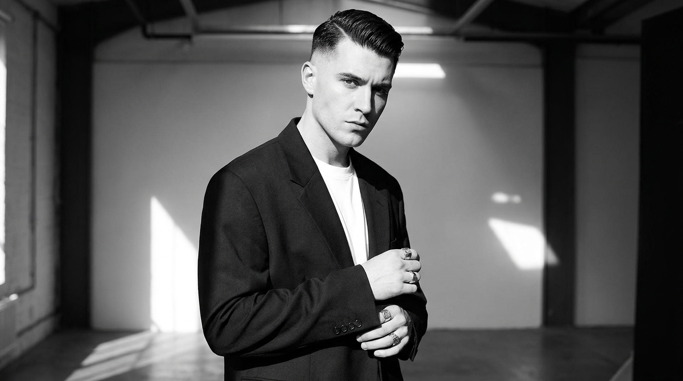 Comb over with undercut fade on bold man in his 20s showing dramatic contrast