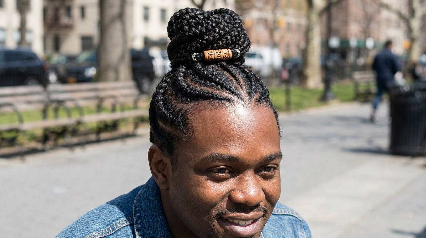 Cornrow bun top knot on Black man in his 20s showing stylized top bun accent