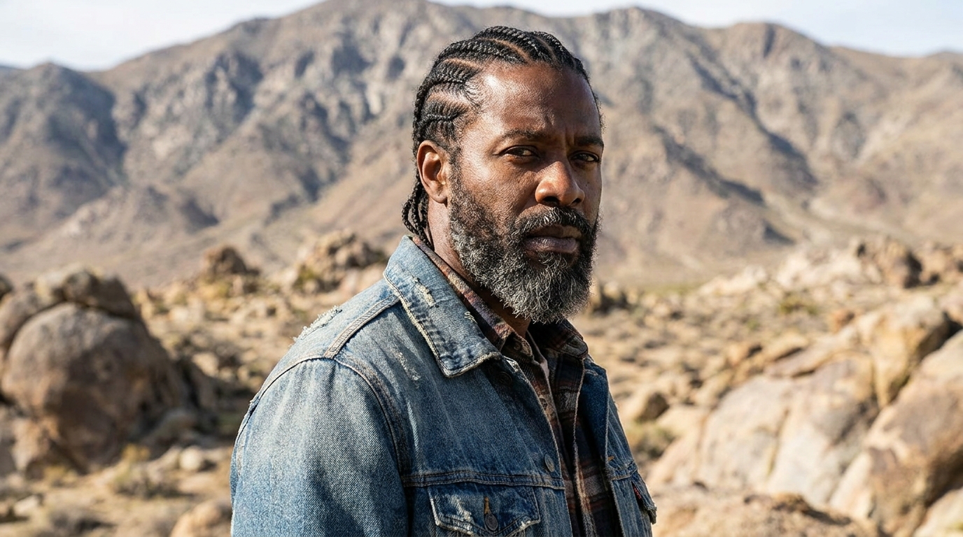 Cornrows with beard on Black man in his 30s showing rugged masculine combination