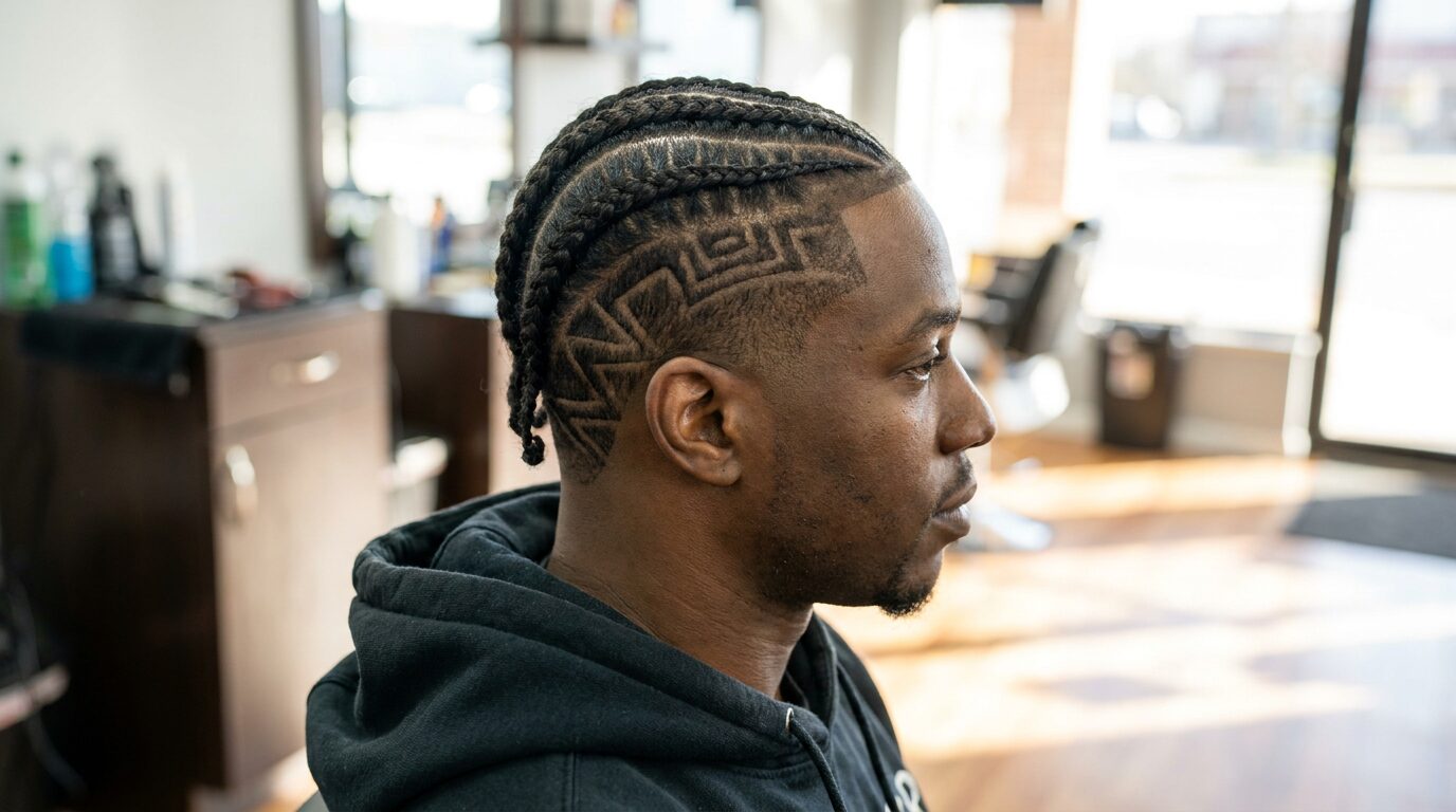 Cornrows with shaved designs on Black man in his 20s showing custom shaved patterns