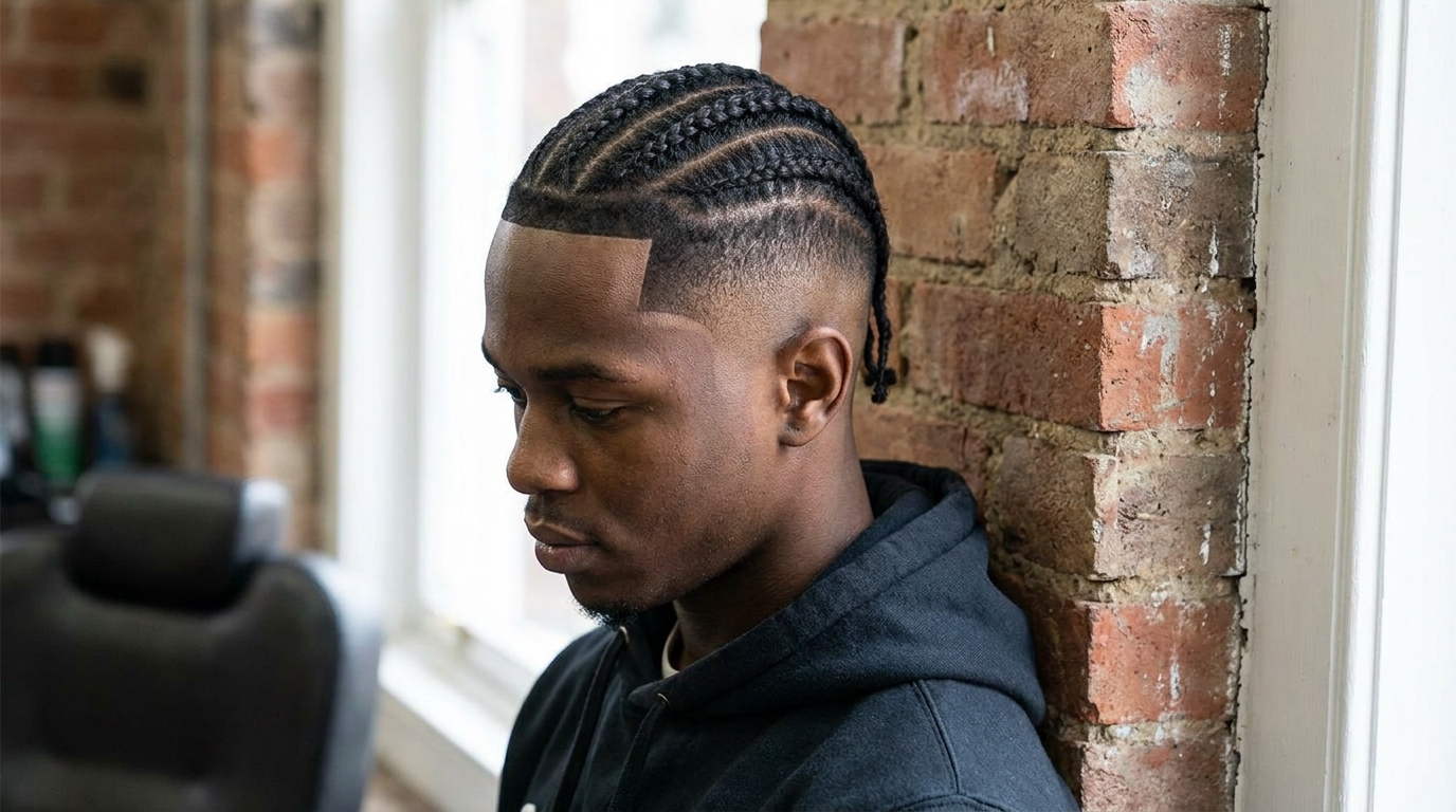 Cornrows with high fade on Black man in his 20s showing sharp dramatic edge