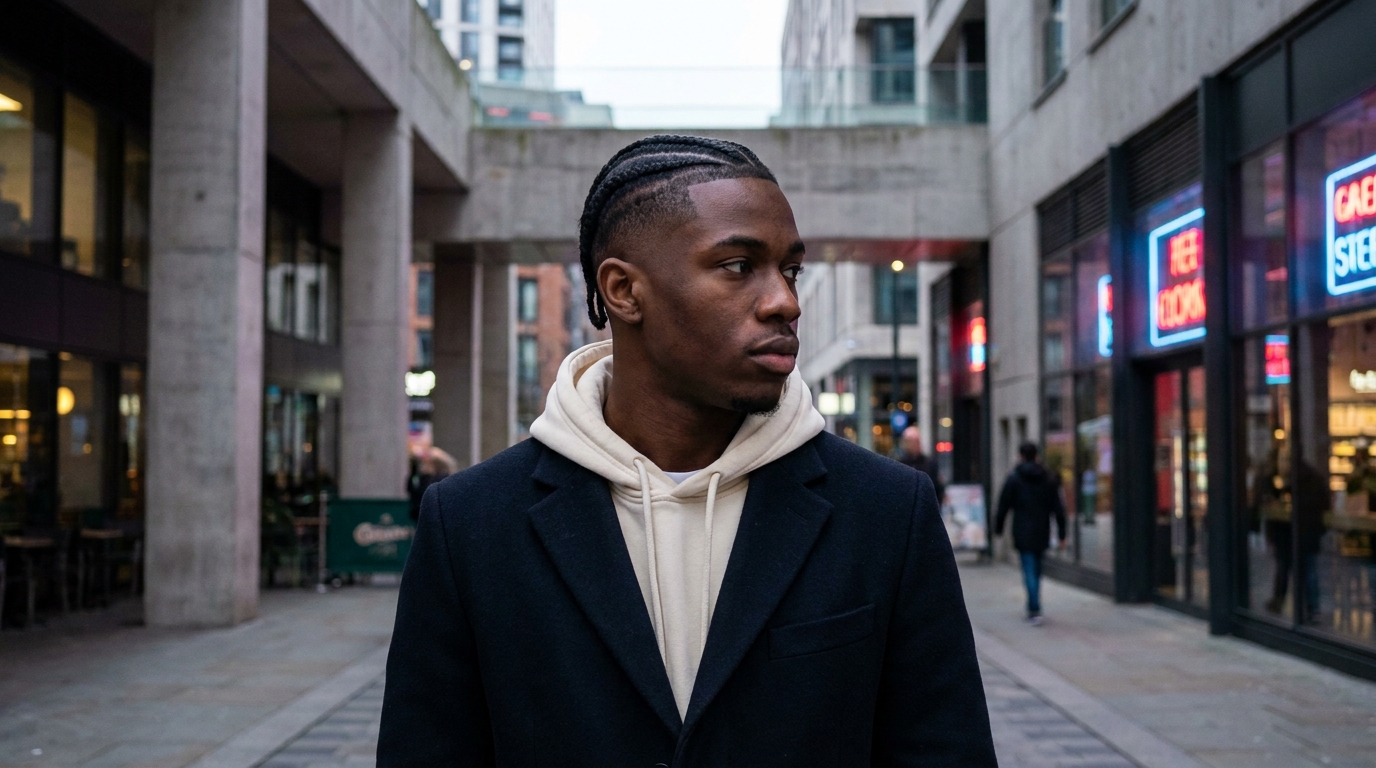 Cornrows with low fade on Black man in his 20s showing clean modern contrast