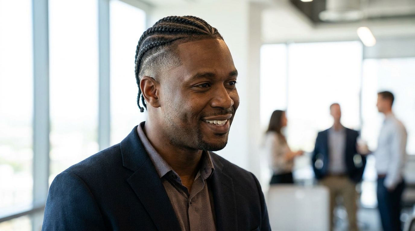 Cornrows with taper fade on Black man in his 30s showing professional clean blend