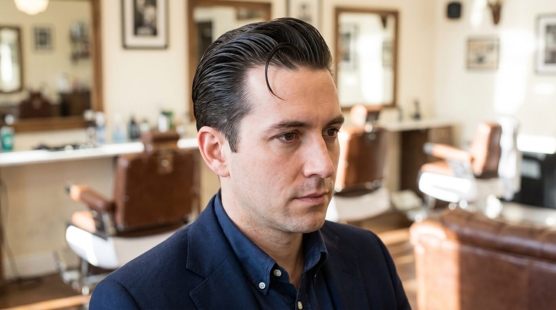 Brushed back hairstyle on man in his 30s with cowlick trained backward with pomade