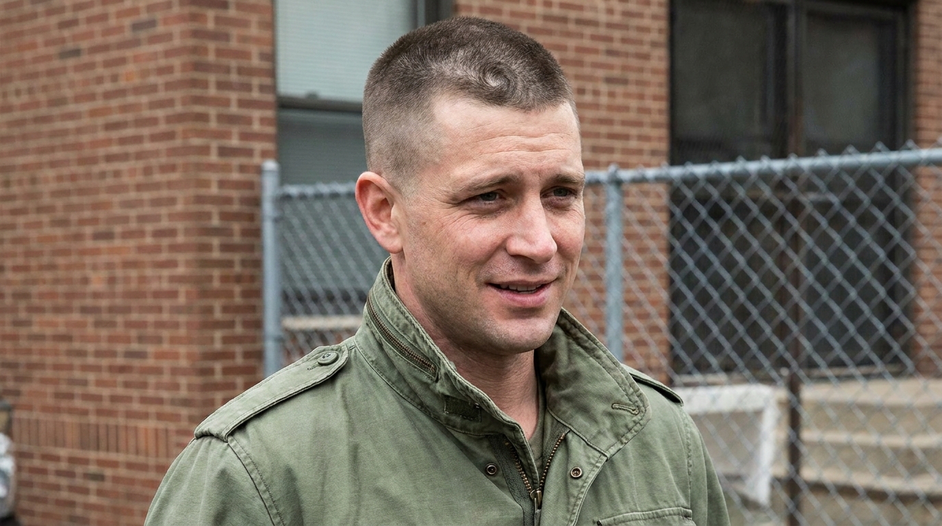 Buzz cut on man in his 30s showing cowlick visible at crown as natural part of look
