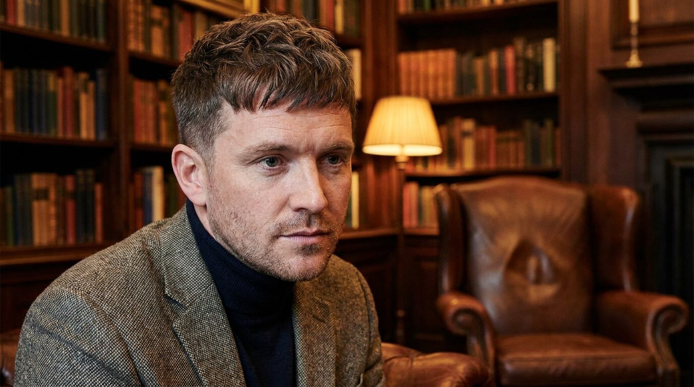 Caesar cut on man in his 30s with short bangs hiding front cowlick effectively