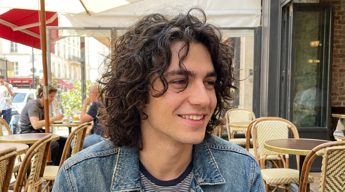 Curly shag hairstyle on man in his 20s with cowlick blended into natural curls