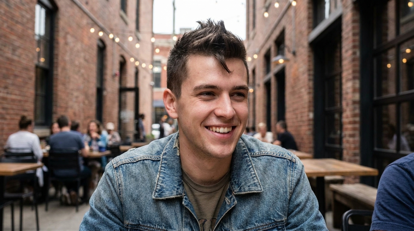 Faux hawk hairstyle on man in his 20s with natural cowlick at crown styled upward