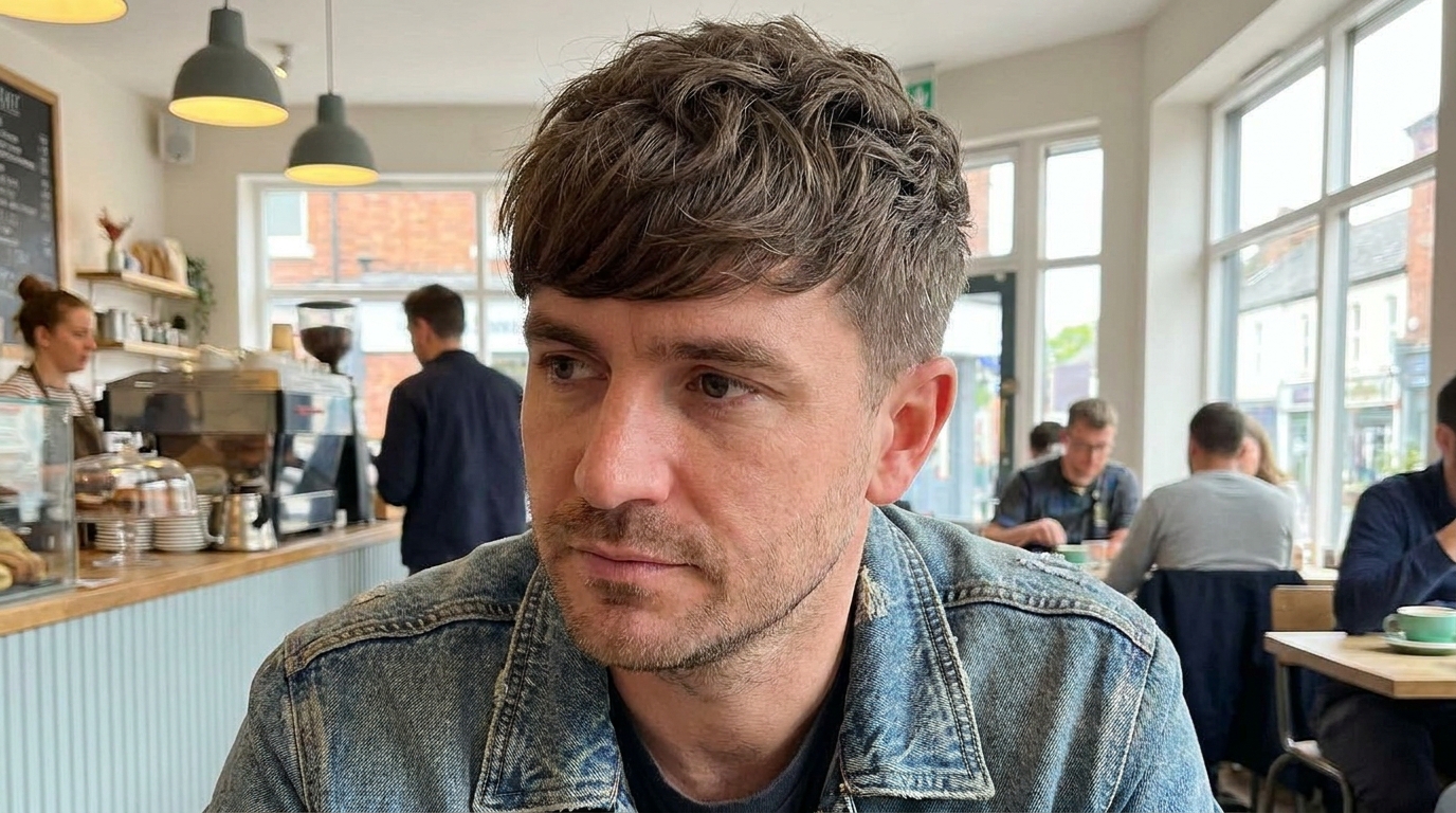 French crop haircut on man in his 30s with bangs covering forehead, hiding cowlick