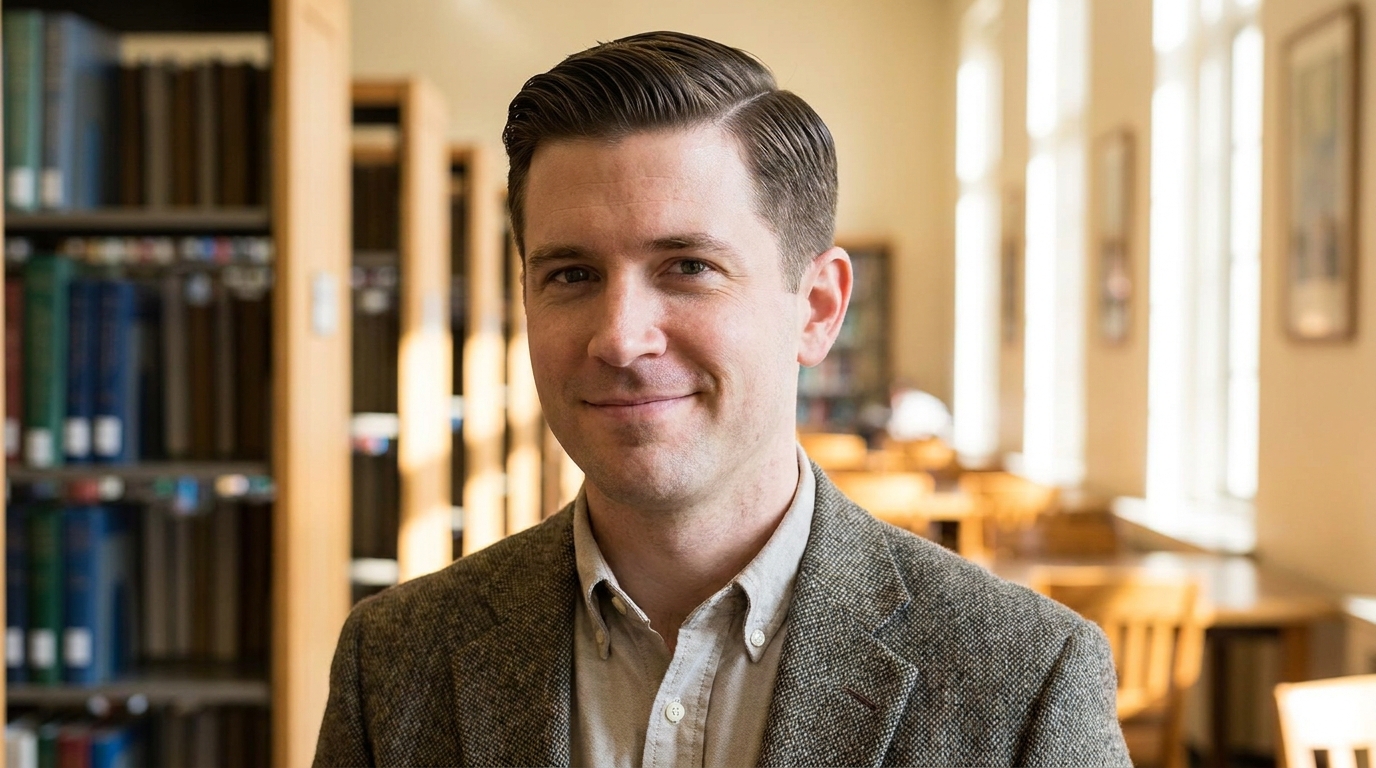 Ivy League haircut on man in his 30s with cowlick blended into clean collegiate style