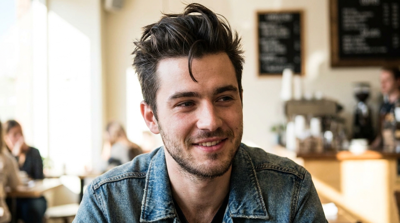 Messy quiff hairstyle on young man in his 20s with natural cowlick adding volume