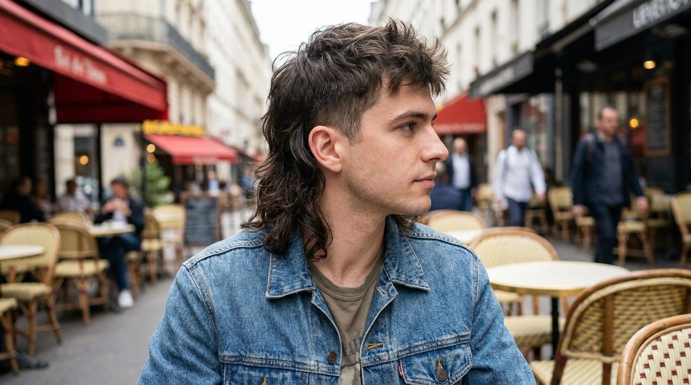 Modern mullet on man in his 20s with cowlick at nape blending into longer back