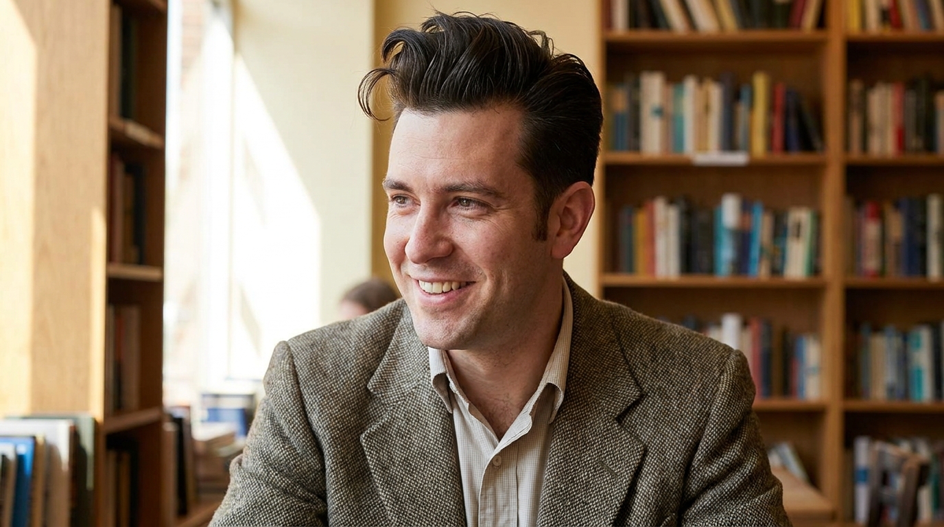 Pompadour hairstyle on man in his 30s using natural cowlick for volume at front