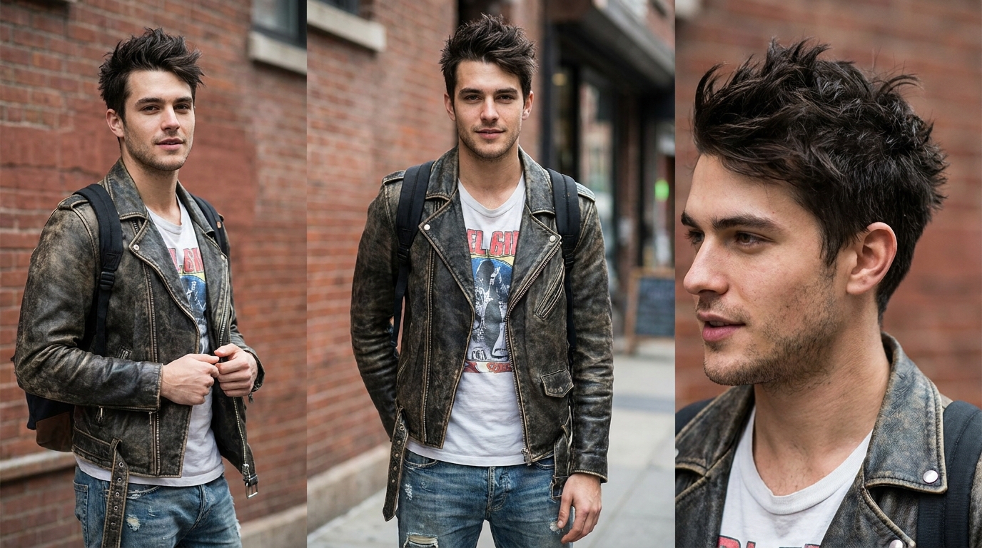 Spiky hairstyle on young man in his 20s using cowlick to create natural spike direction