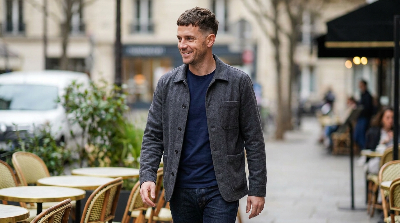 Textured crop hairstyle on man in his 30s with visible cowlick at crown showing modern casual style