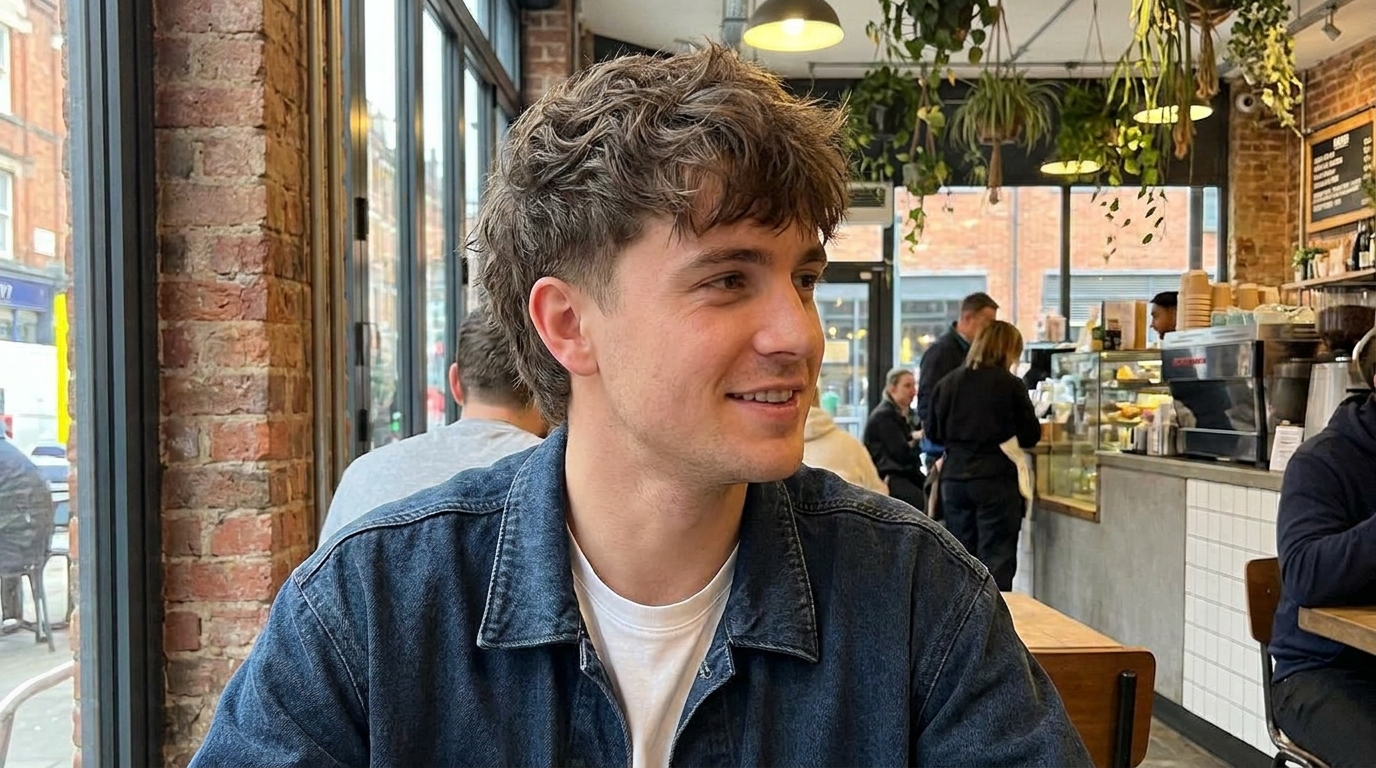 Textured fringe hairstyle on man in his 20s with cowlick blending into fringe layers