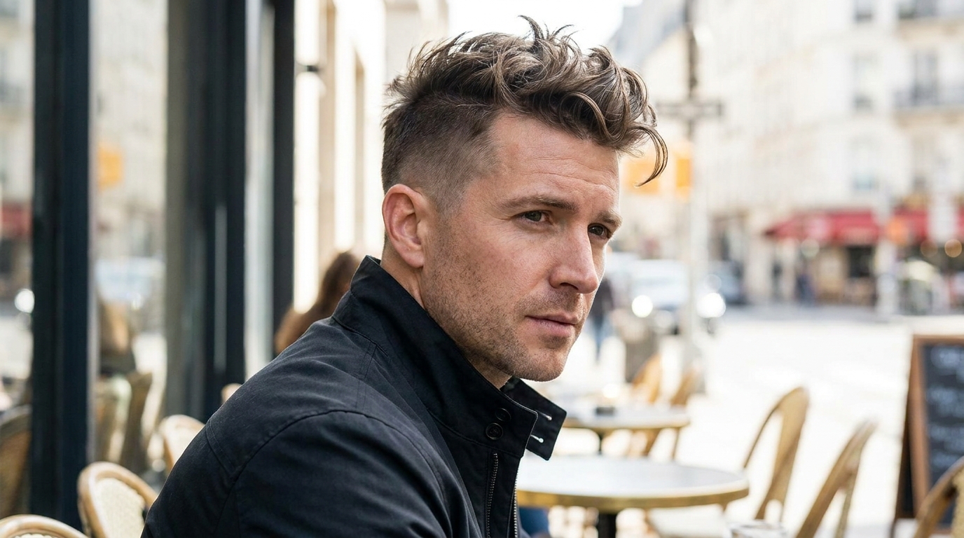 Undercut hairstyle on man in his 30s with disconnected top allowing cowlick freedom