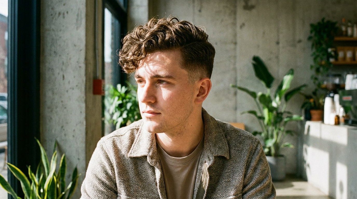 Curly comb over with mid fade on man with curly hair in his 20s showing curl-friendly styling