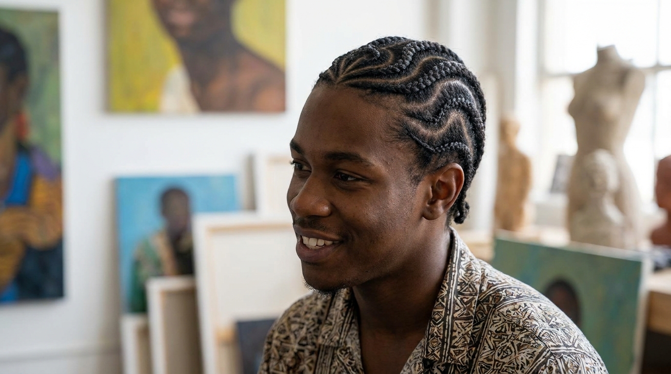 Curved pattern cornrows on Black man in his 20s showing artistic flowing design