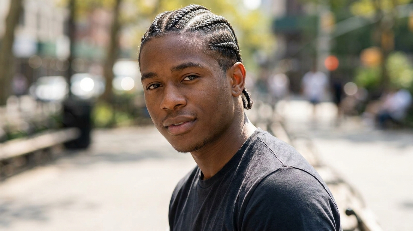 Feed in cornrows on Black man in his 20s showing natural seamless braided finish