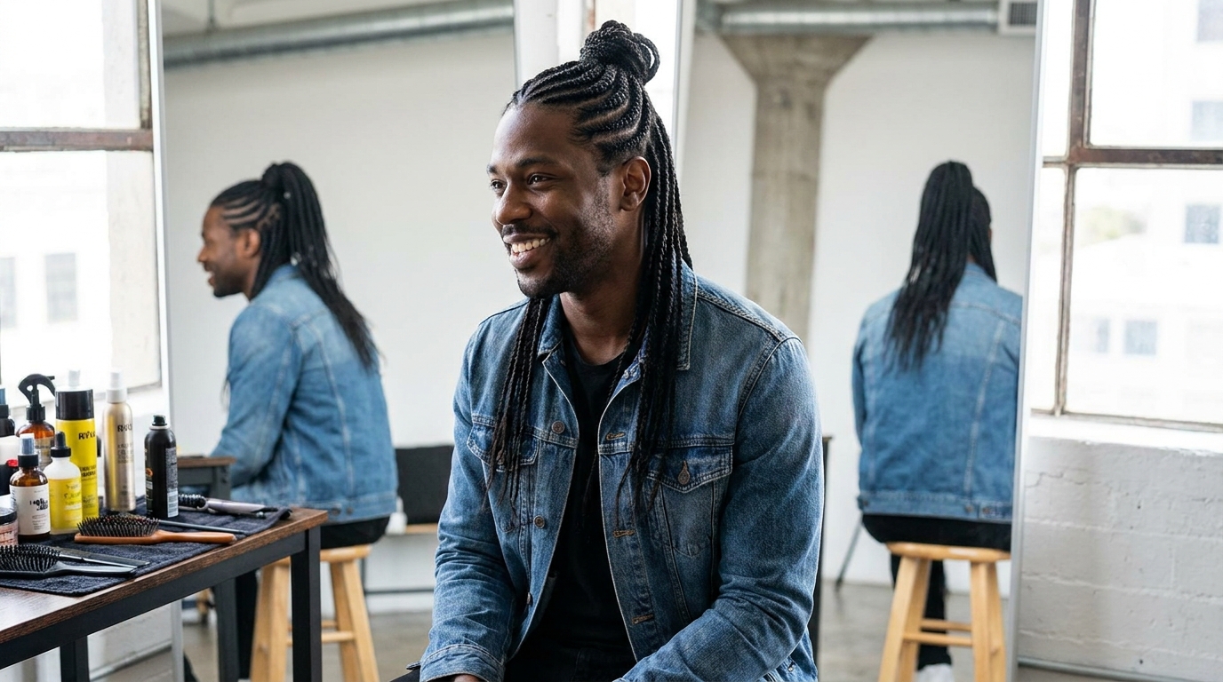Half up half down cornrows on Black man in his 20s showing versatile styling