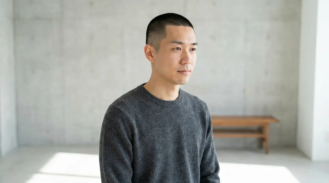 Japanese buzz cut on Asian man in his 30s showing clean minimal style