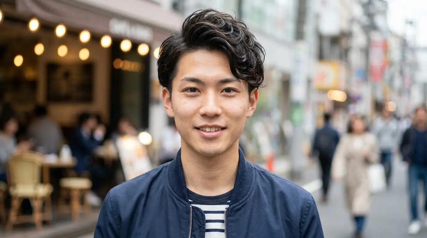 Japanese comma hair on Asian man in his 20s showing front fringe styled to one side