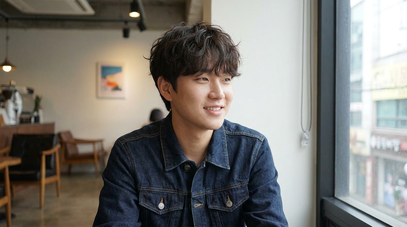 GROO hair Japanese perm on Asian man in his 20s showing textured curly bangs
