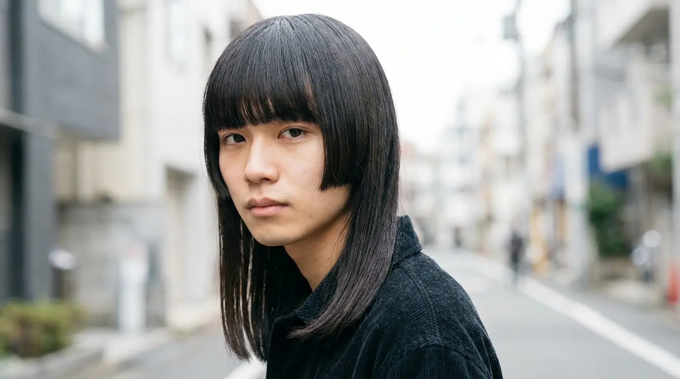 Japanese hime cut on Asian man in his 20s showing straight blunt bangs and long sides