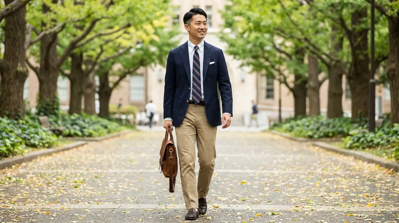Japanese ivy league haircut on Asian man in his 30s showing clean collegiate style