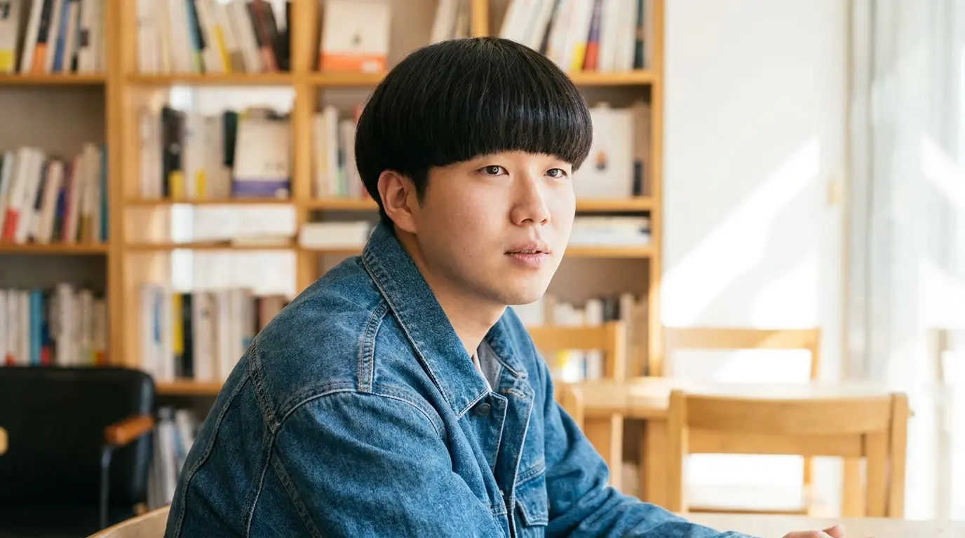 Japanese mushroom cut on Asian man in his 20s showing rounded bowl cut style