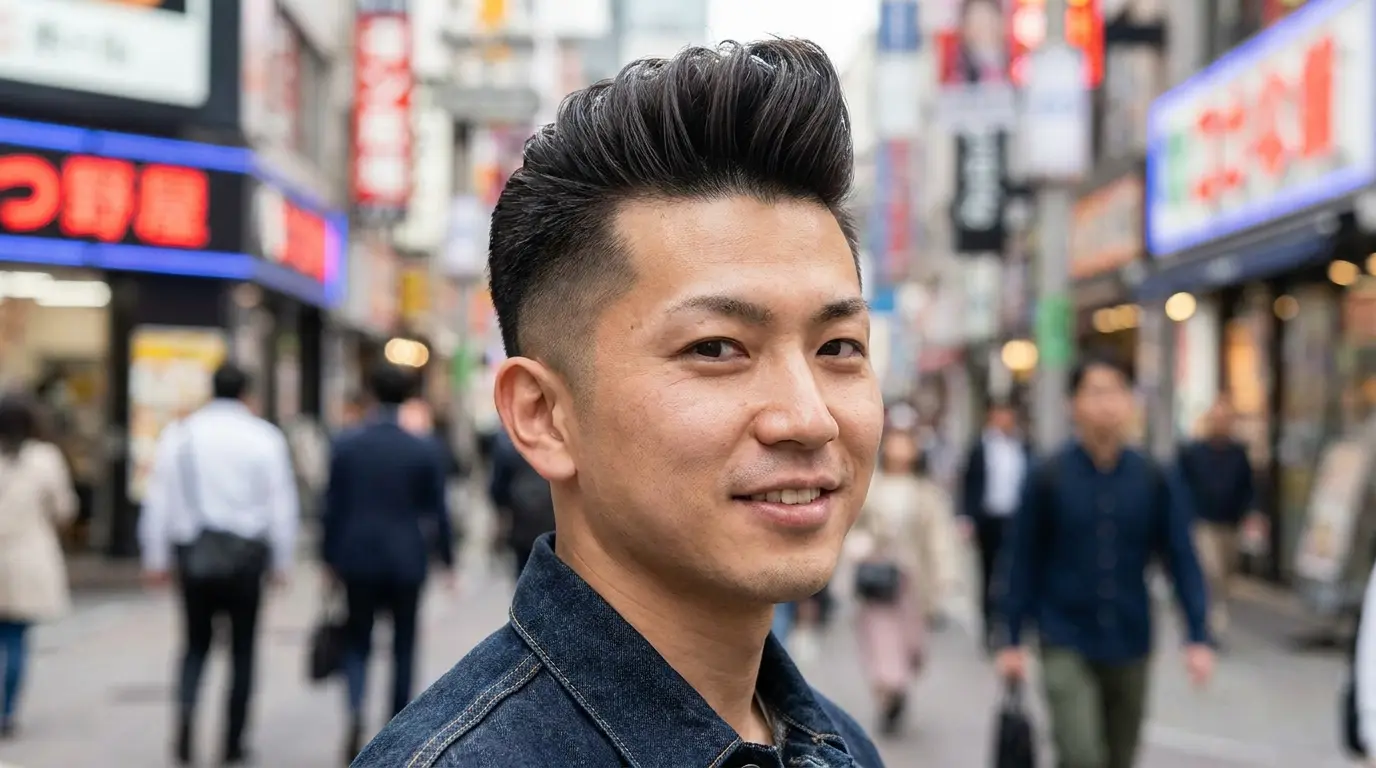 Japanese pompadour on Asian man in his 30s showing volume at front