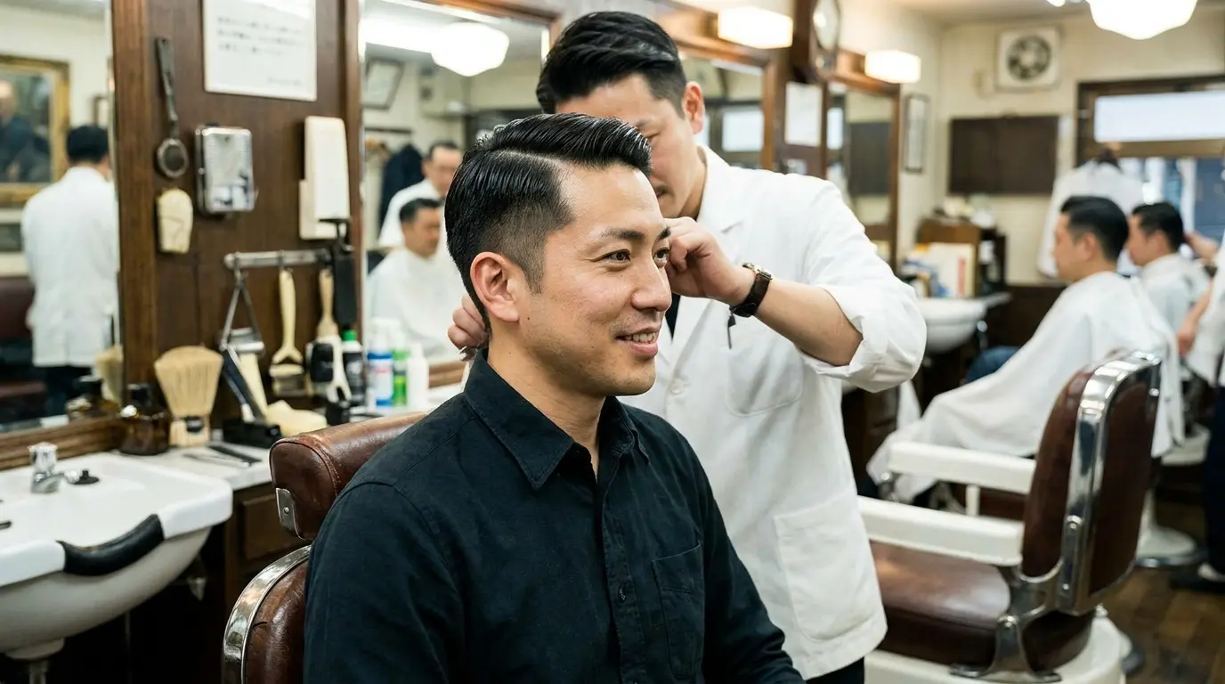 Japanese regulation cut on Asian man in his 30s showing clean classic barbershop style