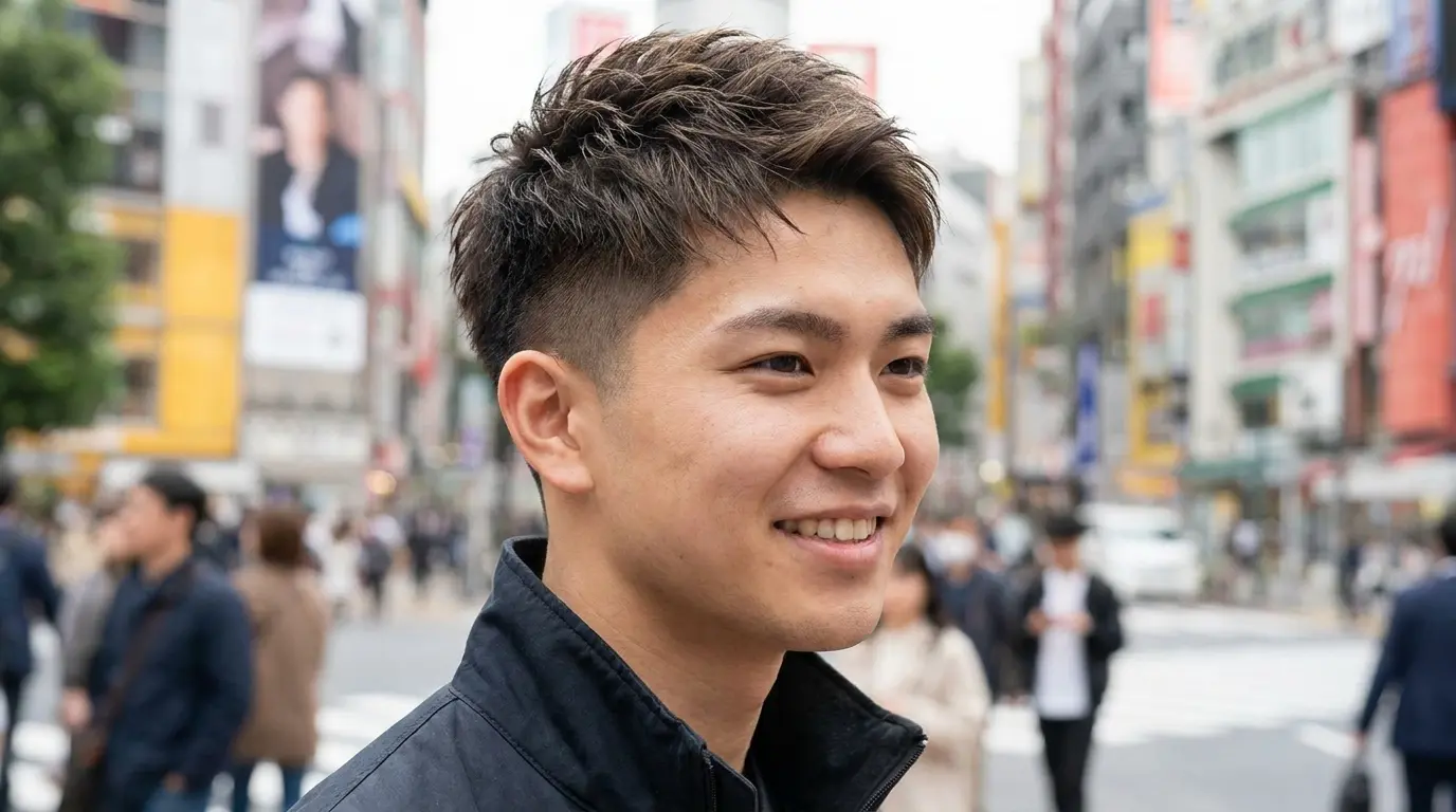 Japanese short pixie cut on Asian man in his 20s showing textured top with faded sides