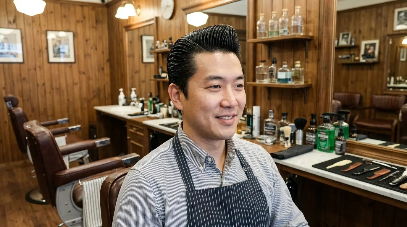 Japanese slicked back hair on Asian man in his 30s showing classic barbershop style