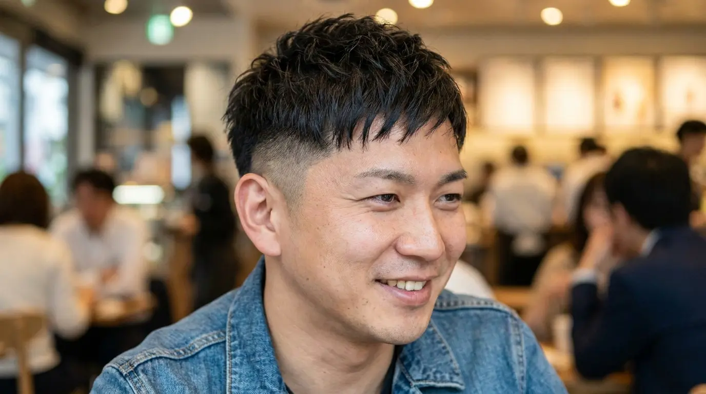 Japanese textured crop on Asian man in his 30s showing choppy modern style