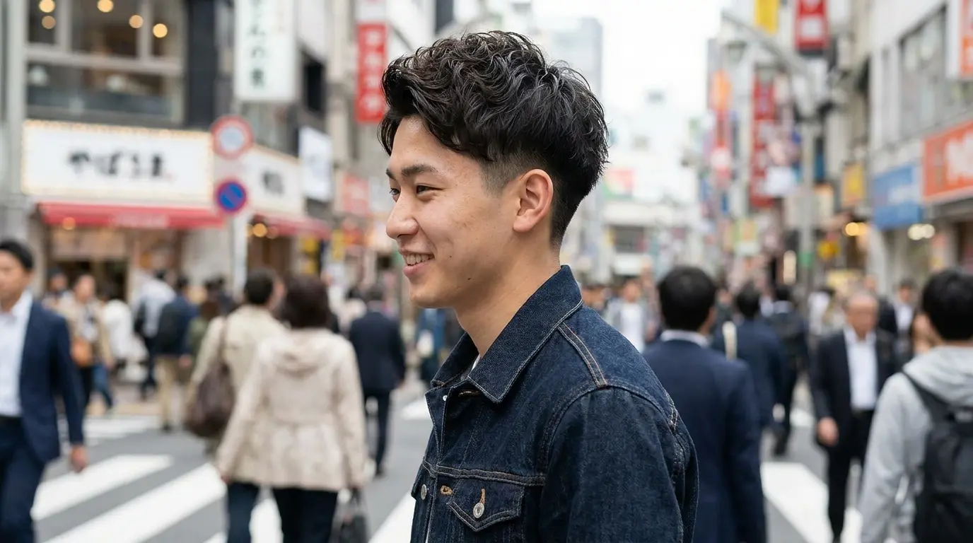 Japanese two block haircut on Asian man in his 20s showing sharp disconnected undercut