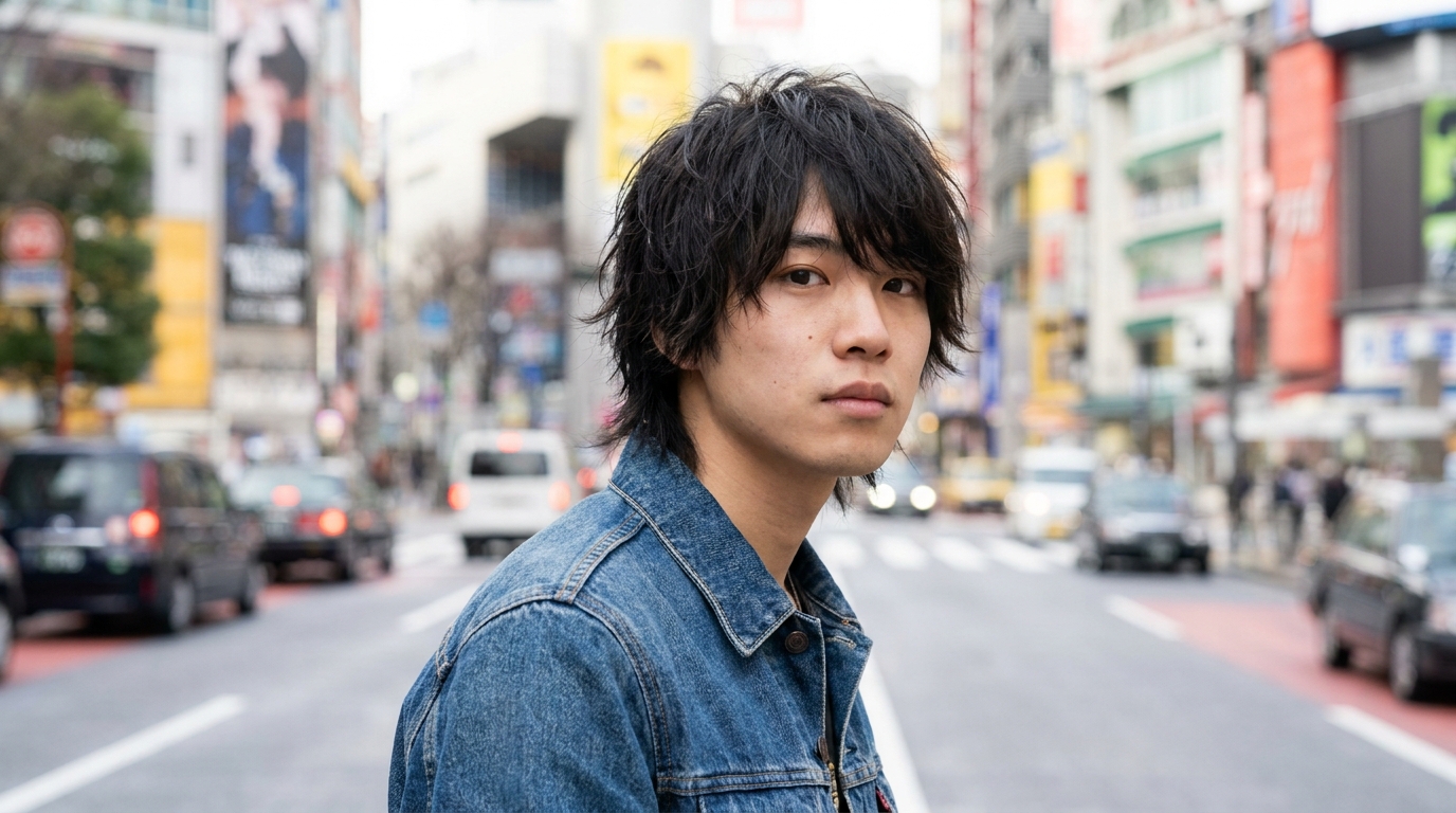 Japanese wolf cut on Asian man in his 20s showing layered shaggy modern style