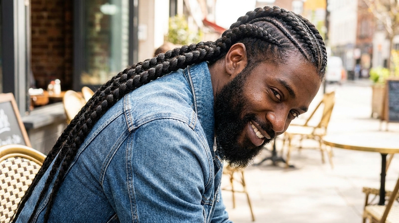 Jumbo cornrows on Black man in his 20s showing bold large statement braids