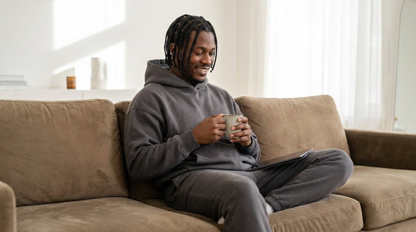 Knotless braids on Black man in his 20s showing tension-free modern comfort