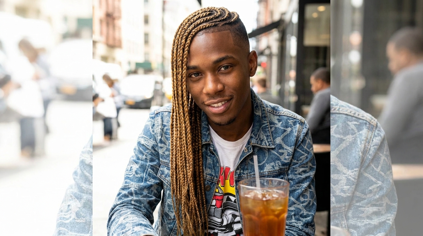 Lemonade braids on Black man in his 20s showing side swept trendy style