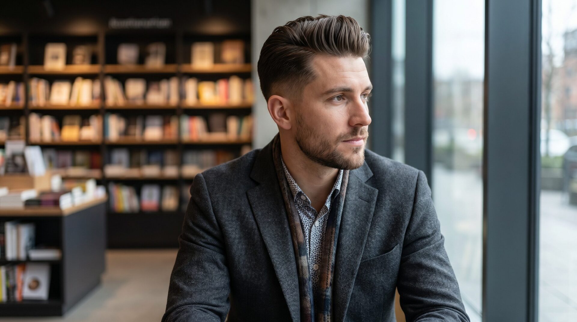 Long comb over with taper fade on stylish man in his 30s showing sophisticated length