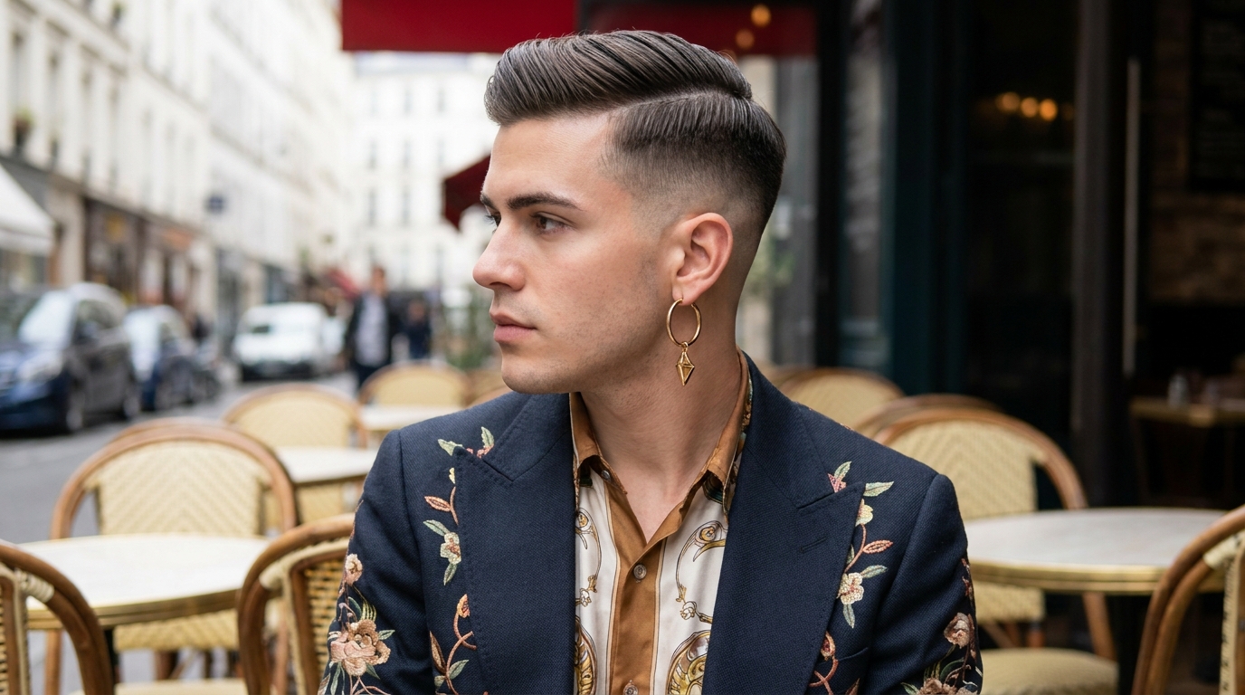 Modern comb over with burst fade on stylish man in his 20s showing eye-catching detail